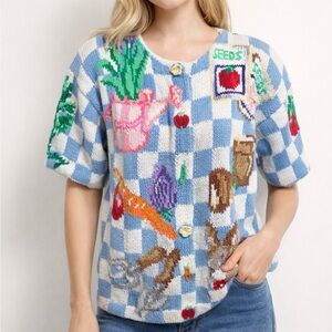 Eagle's Eye Women Size S 1992 Vintage Blue Garden Cardigan Sweater Gingham Seeds